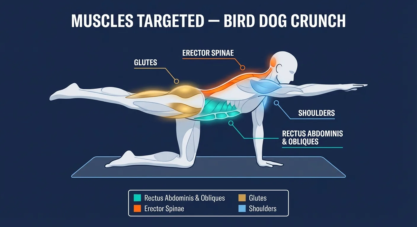 Bird-dog crunch muscles activated: rectus abdominis and obliques during the crunch phase, erector spinae and glutes during the extension phase, with the transverse abdominis and multifidus stabilizing throughout