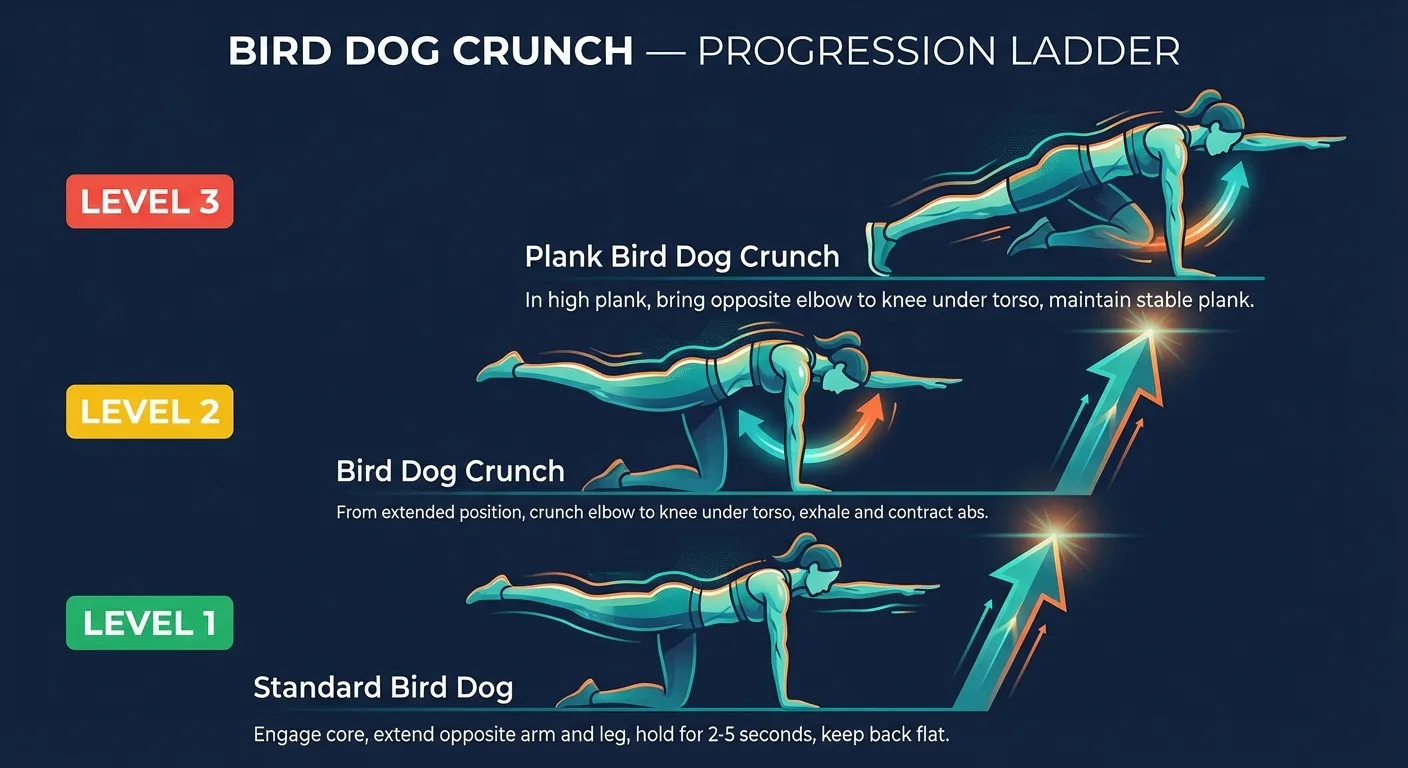 Bird-dog crunch progression ladder from standard bird-dog to paused bird-dog crunch to plank bird-dog crunch