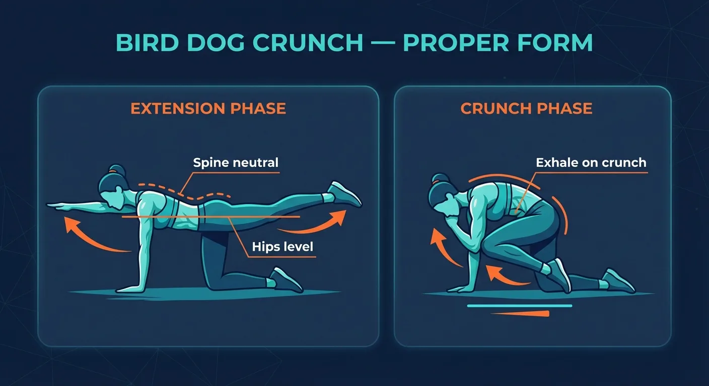 Bird-dog crunch proper form showing the full extension at the top of the rep and the elbow-to-knee crunch underneath the torso