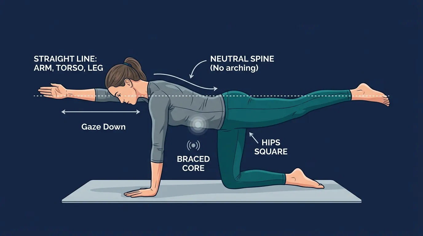 Bird-dog proper form: quadruped position with hands under shoulders and knees under hips, opposite arm extended at shoulder height and opposite leg extended at hip height, flat back with hips square to the floor
