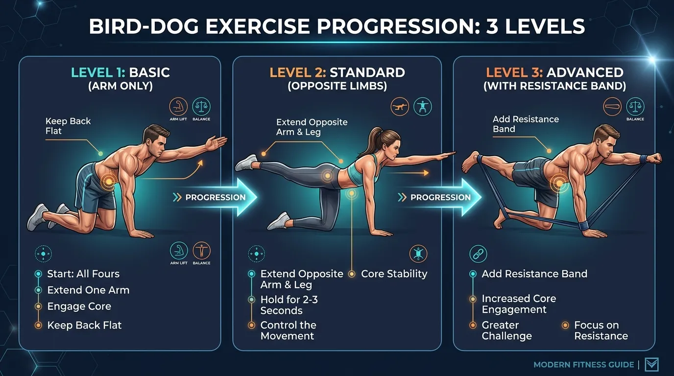 Bird-dog progression from Level 1 leg-only extension (beginner) to Level 2 contralateral arm and leg extension (standard) to held isometric reaches and resistance-band loading (advanced)