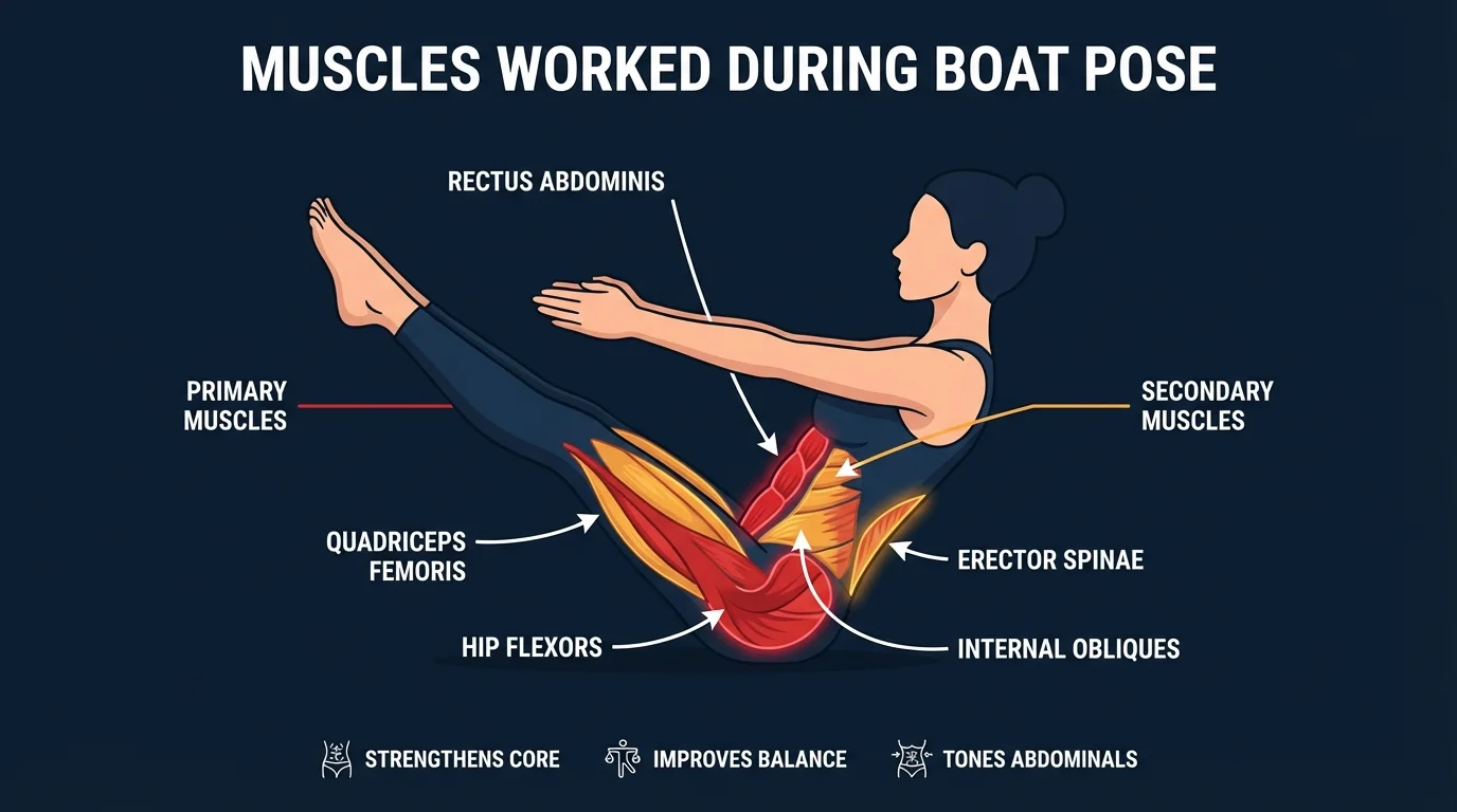 Boat pose muscles engaged: hip flexors (psoas and rectus femoris) and rectus abdominis as primary movers, with obliques, quadriceps, and erector spinae as secondary stabilizers, plus hamstring stretch in the full V-hold