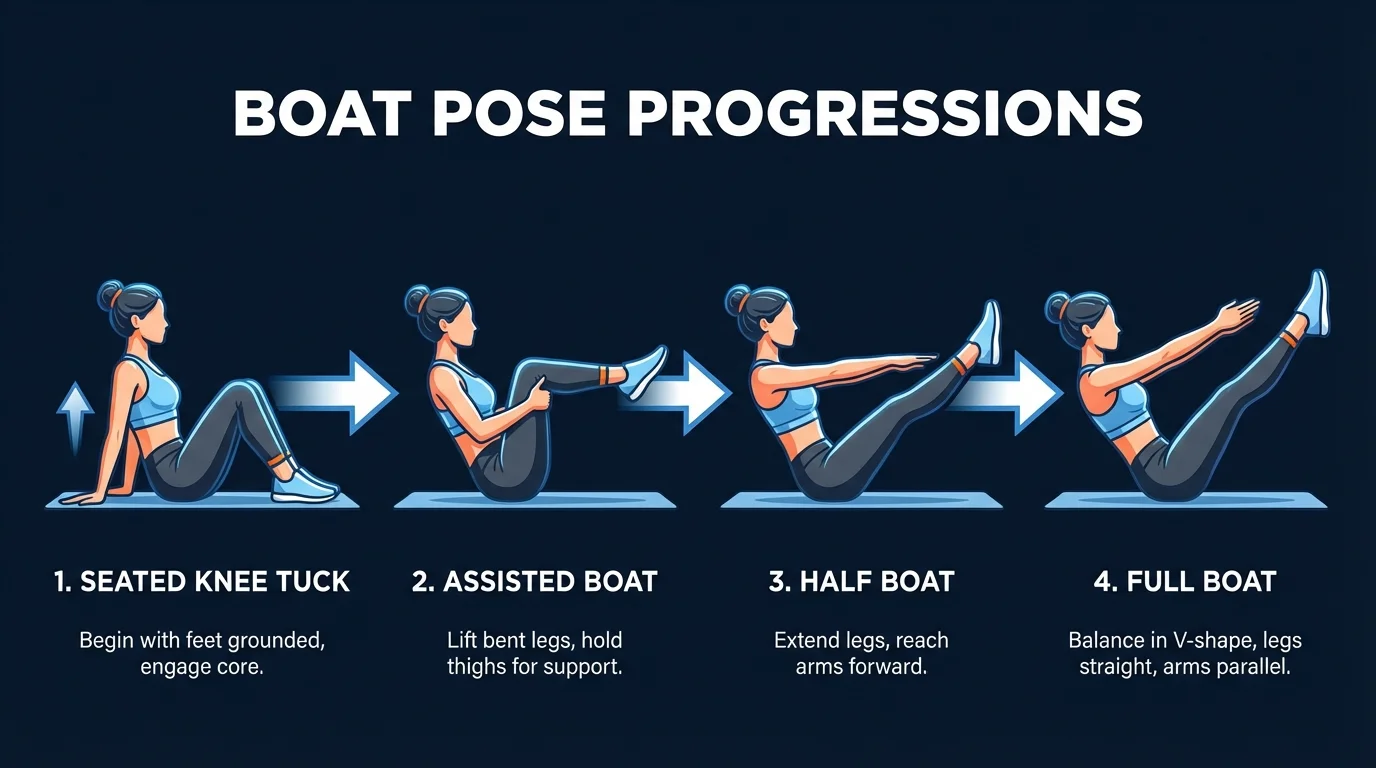 Boat pose progression from supported variation with hands behind the thighs, to half boat with shins parallel to the floor, to full Paripurna Navasana with extended legs in a V-shape