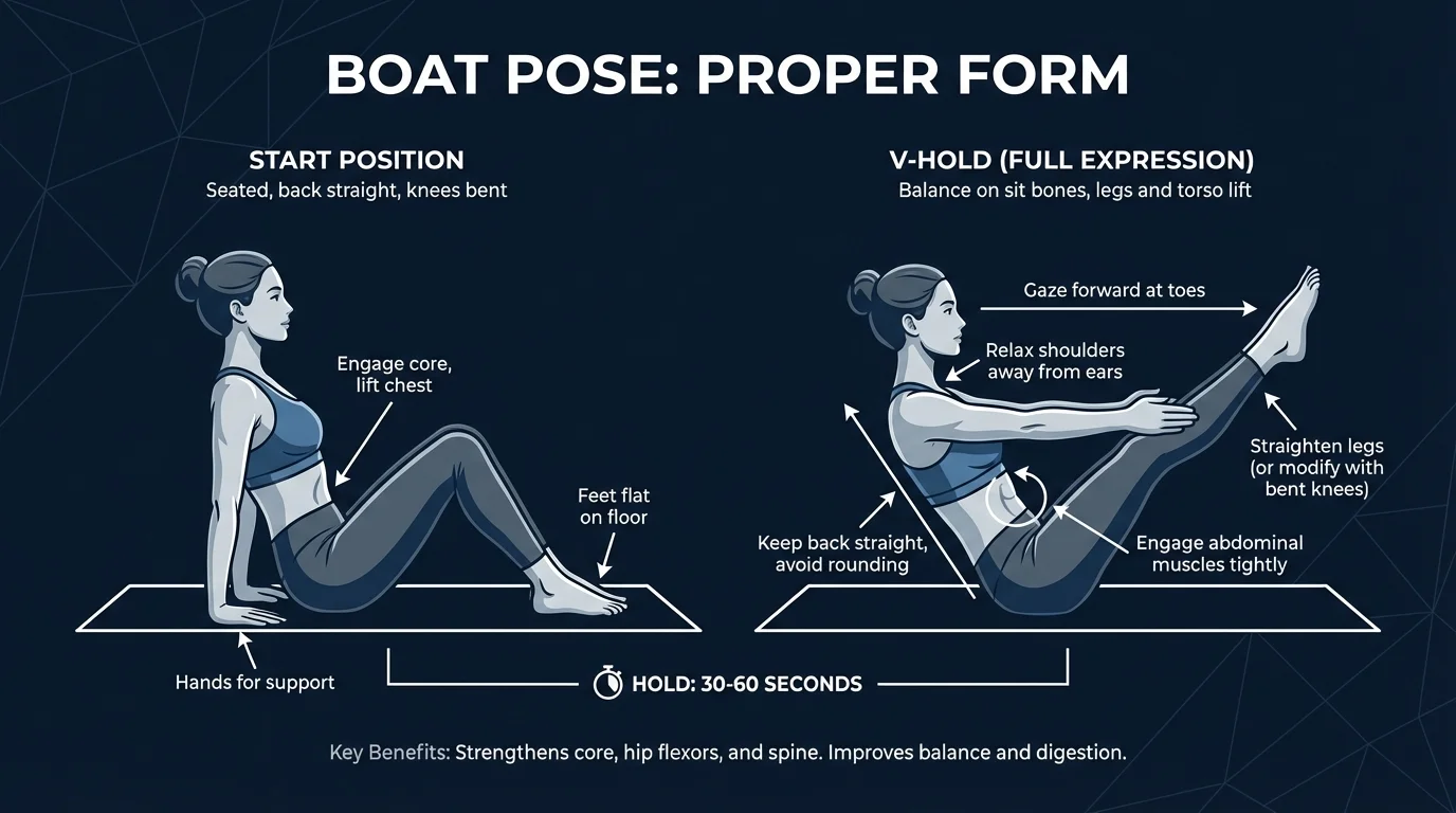 Boat pose proper form: torso at 45 degrees from the floor, spine straight, arms extended forward parallel to the ground, legs lifted in the full V-hold