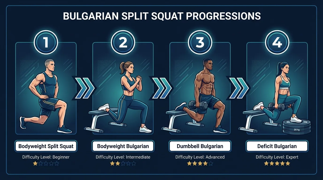 Bulgarian split squat progression pathway from bodyweight to dumbbell to goblet to deficit variation, showing increasing load and range of motion