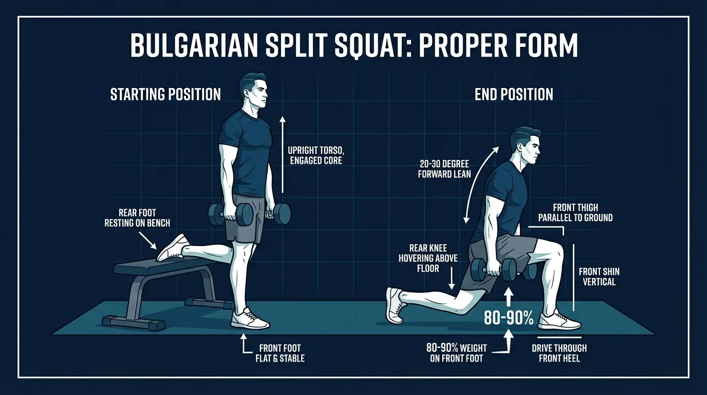 Bulgarian split squat proper form at the bottom position: 80 to 90 percent of body weight on the front foot, slight 20 to 30 degree forward lean, front shin vertical, rear knee hovering an inch above the ground
