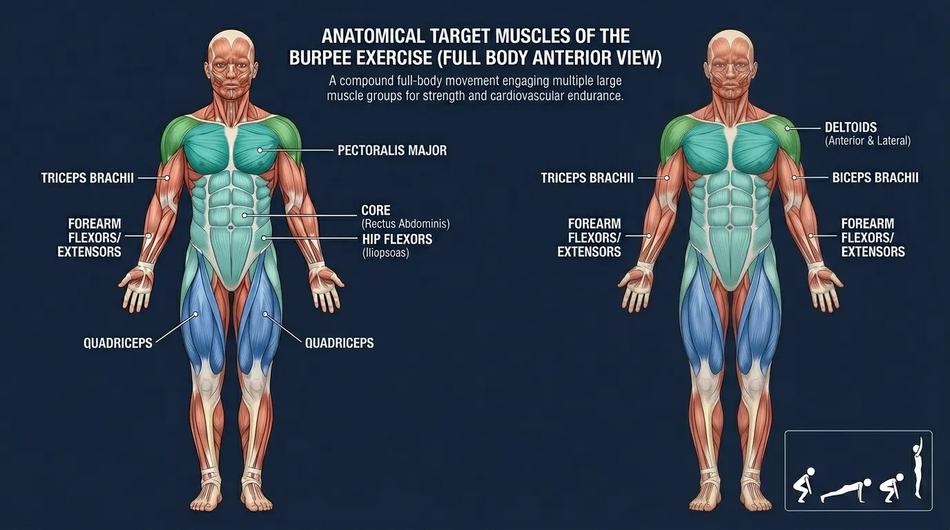 Burpee muscles and systems activated: quadriceps, glutes, and hamstrings drive the squat and jump phases; pectorals, anterior deltoids, and triceps hold the plank; the entire core stabilizes the trunk; the cardiovascular system and all three energy systems are recruited