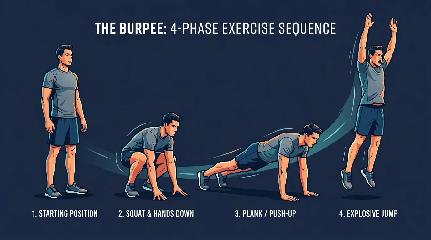 Burpee proper form: hands directly under the shoulders in plank, body in a straight head-to-heel line, knees tracking over toes during the squat