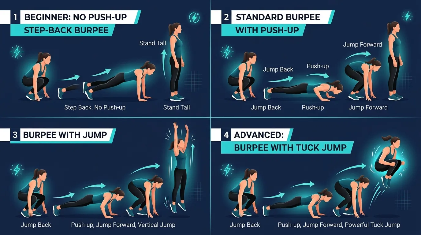 Burpee progression from low-impact step-back (beginner regression) to Level 1 walkout (advanced) to Level 2 jump burpee with explosive vertical jump (expert)