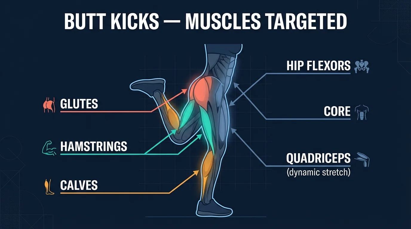 Butt kicks muscles activated: hamstrings as the primary mover pulling the heel up, with the glutes, calves, and hip flexors as secondary movers and the core and ankle stabilizers holding the upright trunk