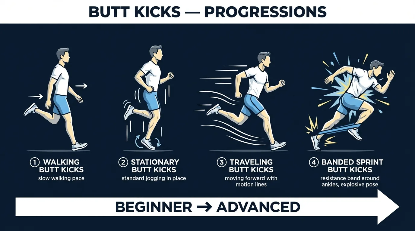 Butt kicks progression path from walking pace and half-amplitude butt kicks for beginners to traveling, banded, and sprint variations for advanced cardio conditioning