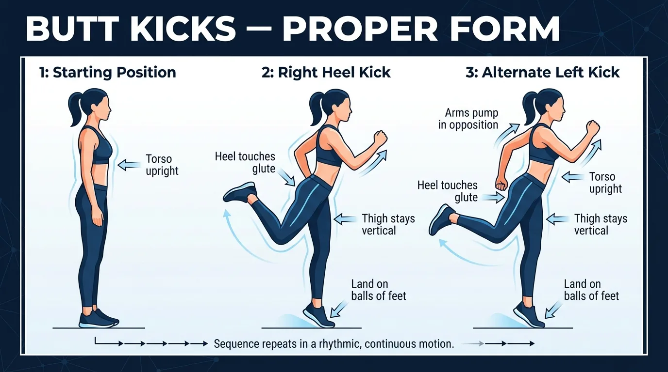Butt kicks proper form: upright torso, thigh staying roughly vertical, heel reaching the glute through knee flexion, and arms driving in natural opposition to the legs