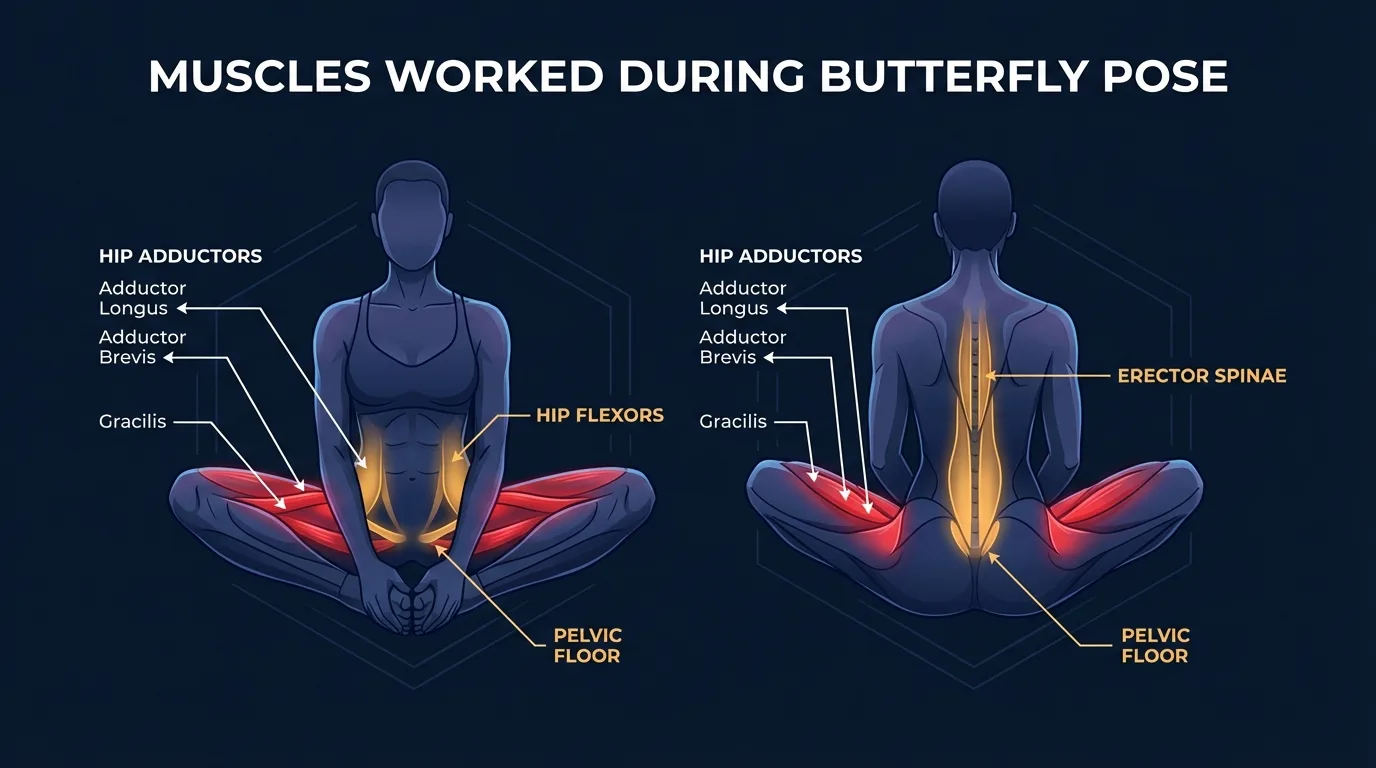 Butterfly pose muscles engaged and stretched: hip adductors (adductor longus, adductor brevis, gracilis) as primary stretch targets, with hip flexors, groin, pelvic floor, and lower back also involved