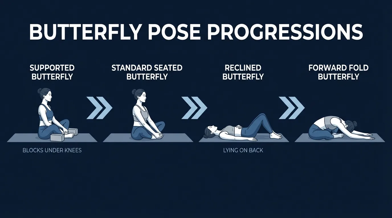 Butterfly pose progressions from supported with blocks under knees (beginner) to standard seated to reclined supta baddha konasana to forward fold variation (intermediate)
