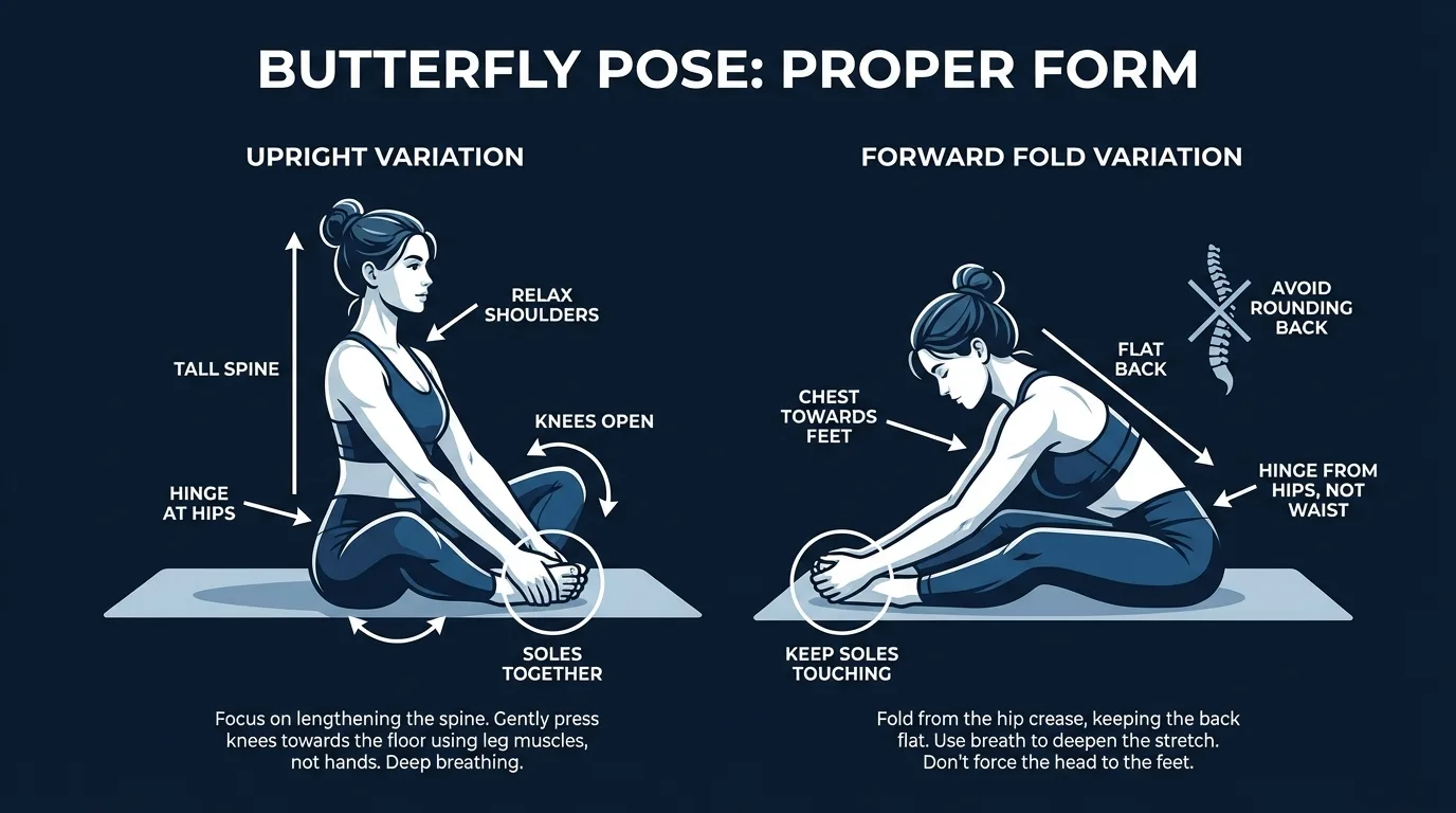 Butterfly pose proper form: upright seated position with soles of feet together, knees open to the sides, spine tall and shoulders relaxed away from the ears