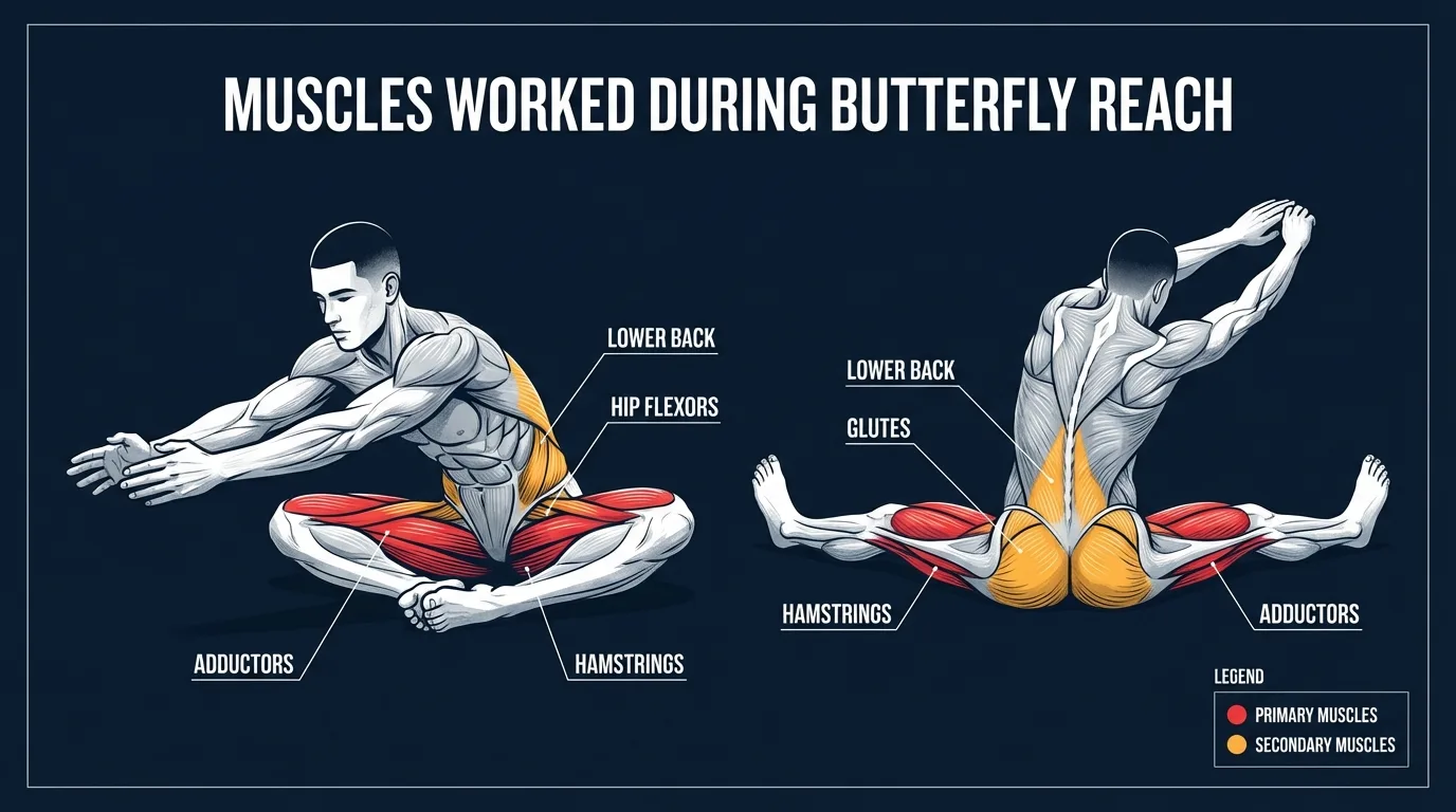 Butterfly reach areas mobilized: hip adductors (adductor longus, adductor brevis, gracilis) and groin stretch under load while the erector spinae lengthens and the rectus abdominis, obliques, and transverse abdominis control the forward hinge