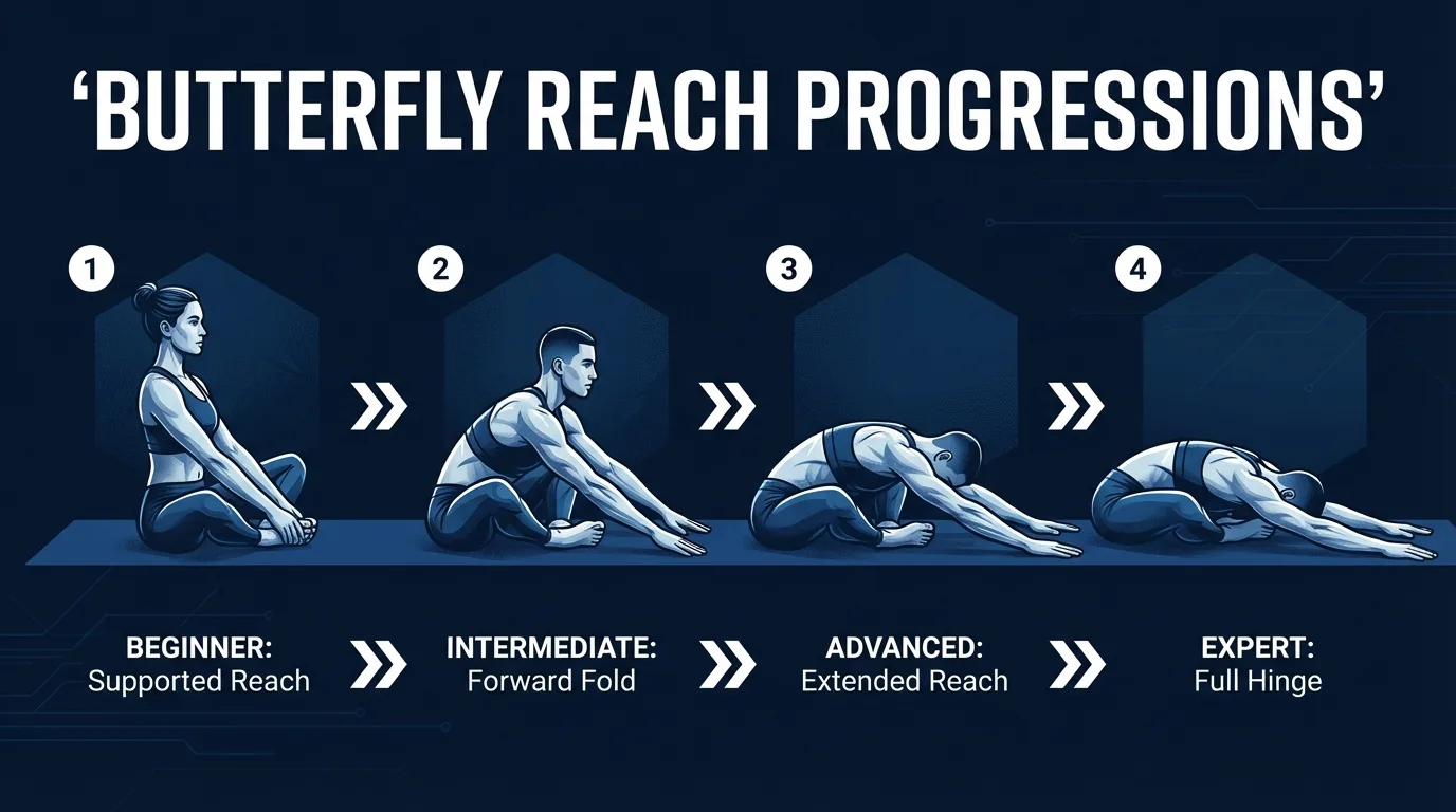 Butterfly reach progressions: supported variation with hips elevated on a yoga block (beginner), standard bilateral forward reach (intermediate), and single-arm rotational reach with one hand reaching diagonally toward the opposite knee (advanced)