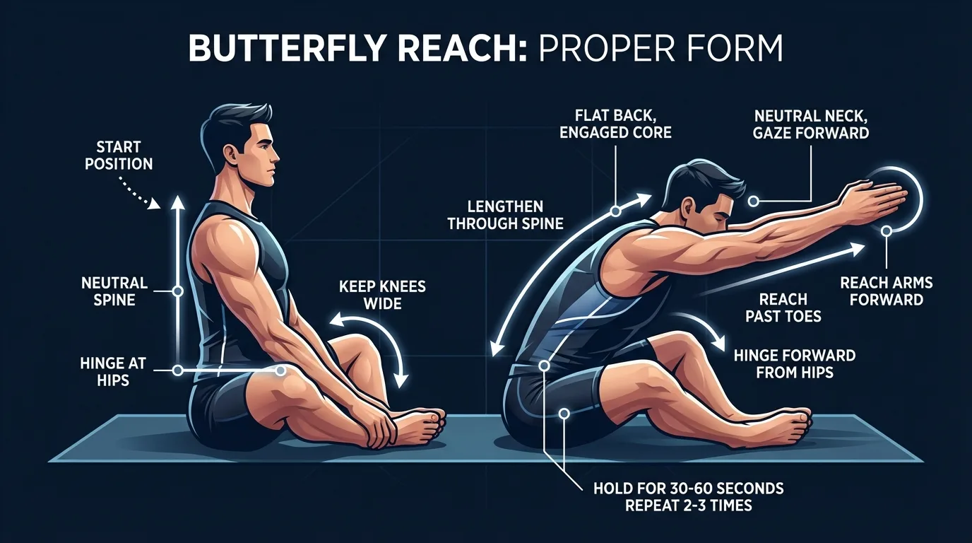 Butterfly reach proper form: seated with soles of feet together and heels 12 to 18 inches from the pelvis, knees open to the sides, spine long, hips hinging forward, arms extended along the floor past the feet