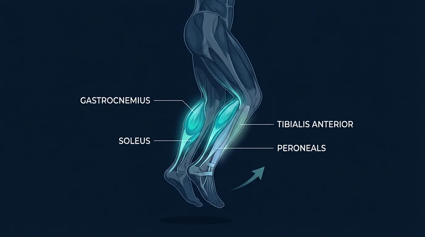 Calf hops muscles activated: gastrocnemius and soleus as primary movers, with the tibialis anterior, peroneals, and core stabilizing the ankle and trunk during plyometric ground contact