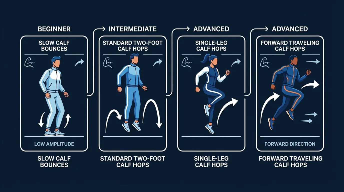 Calf hop progression path from slow two-foot bounces (beginner) to standard two-foot calf hops (intermediate) to single-leg and forward traveling calf hops (advanced)