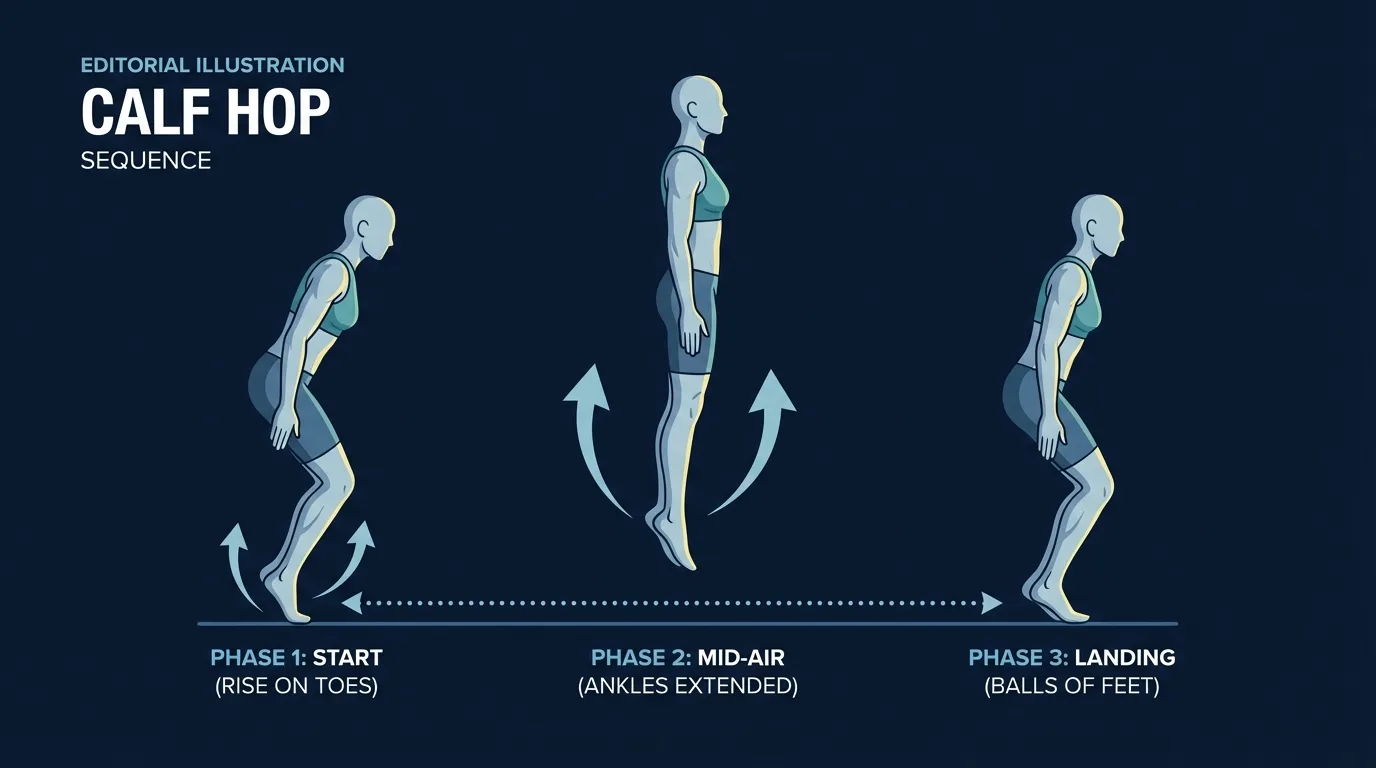 Calf hops proper form: ankles fully extended at the top, knees almost straight with only a slight bend, body weight on the balls of the feet, heels hovering above the floor on each landing