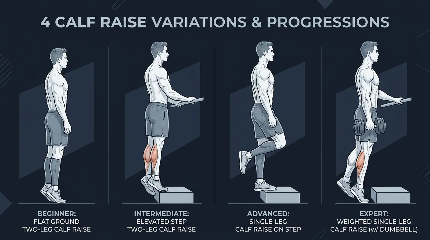 Calf raise progression chart from beginner bodyweight two-leg to elevated step variation to single-leg dumbbell to single-leg elevated dumbbell as the most advanced variation