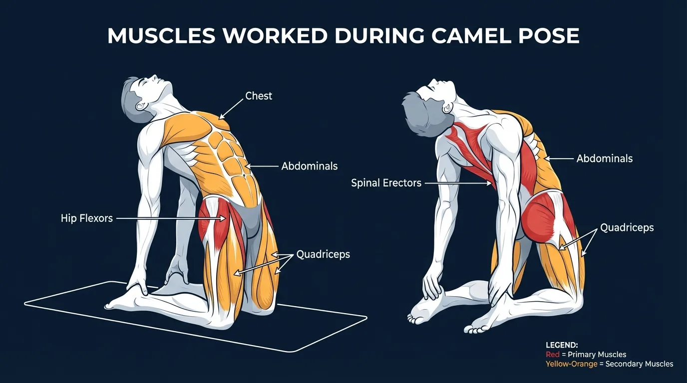Camel pose muscles activated: erector spinae, rhomboids, mid and lower trapezius, and glutes work isometrically to support the backbend while the rectus abdominis, hip flexors, quadriceps, pectorals, and anterior deltoids are stretched