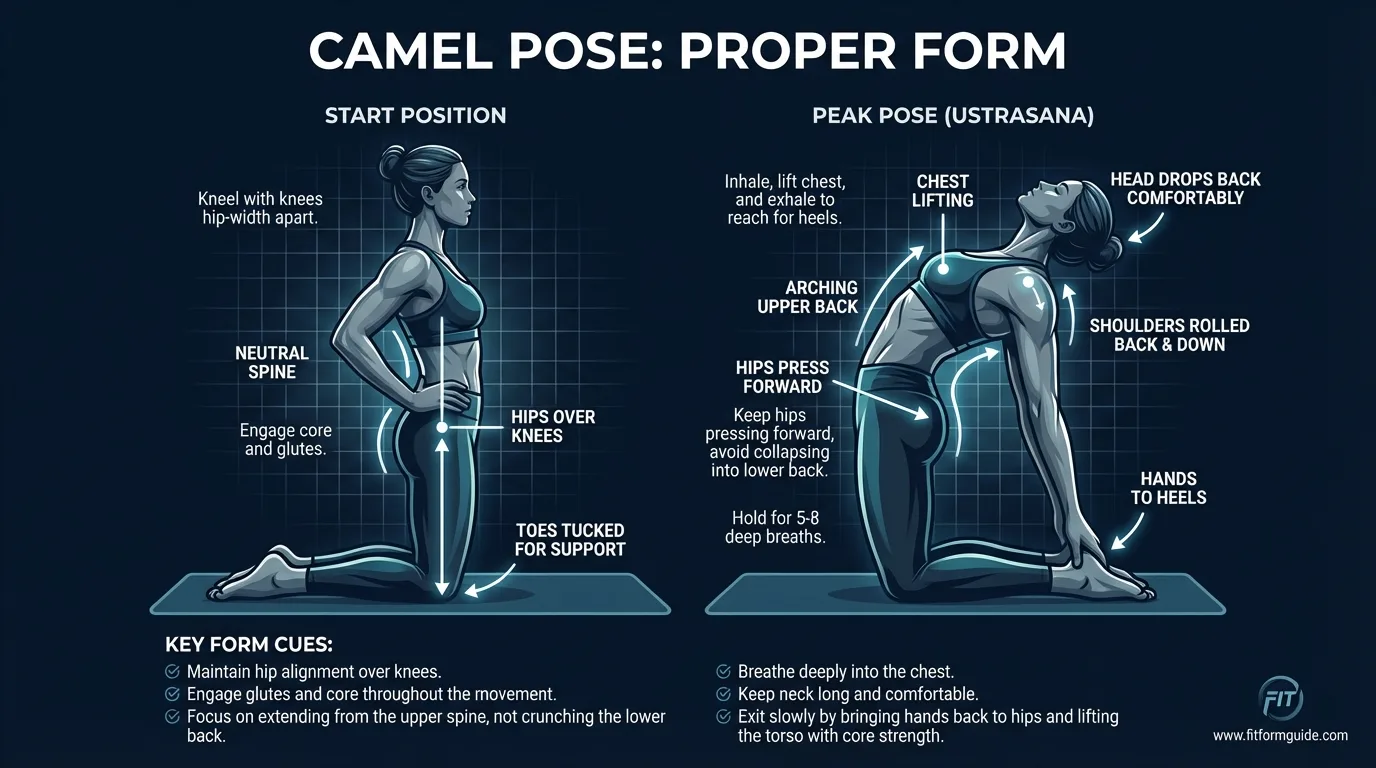 Camel pose proper form shown from the side: hips stacked directly above the knees, sternum lifted to the ceiling, hands reaching to the heels with even thoracic spine extension