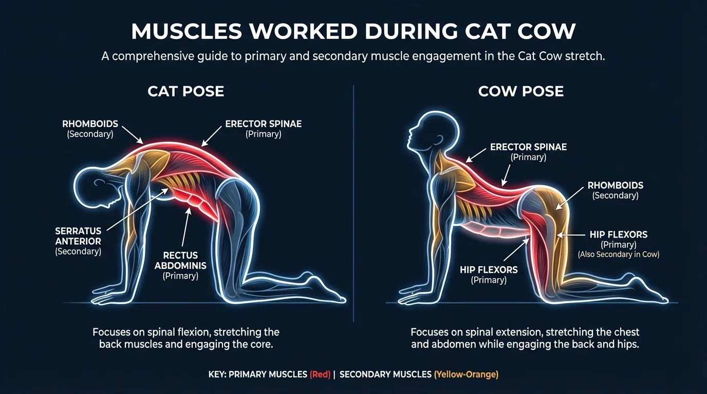 Cat cow areas stretched and mobilized: erector spinae and back extensors lengthen in cat (round) and contract in cow (arch), rectus abdominis and obliques contract in cat and stretch in cow, with serratus anterior and rhomboids assisting the scapular movement