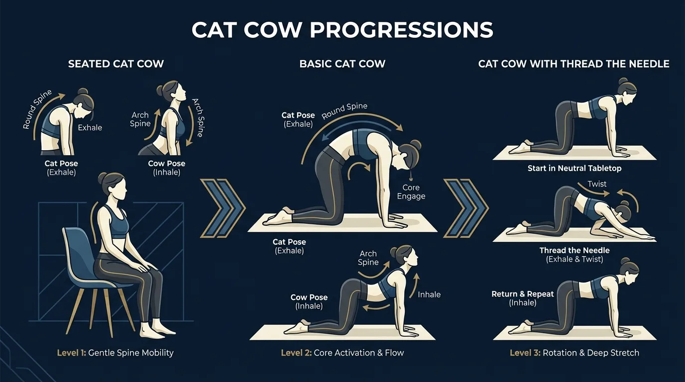 Cat cow progression from seated cat cow on chair (beginner) to basic floor cat cow (standard) to cat cow with thread the needle thoracic rotation (intermediate)