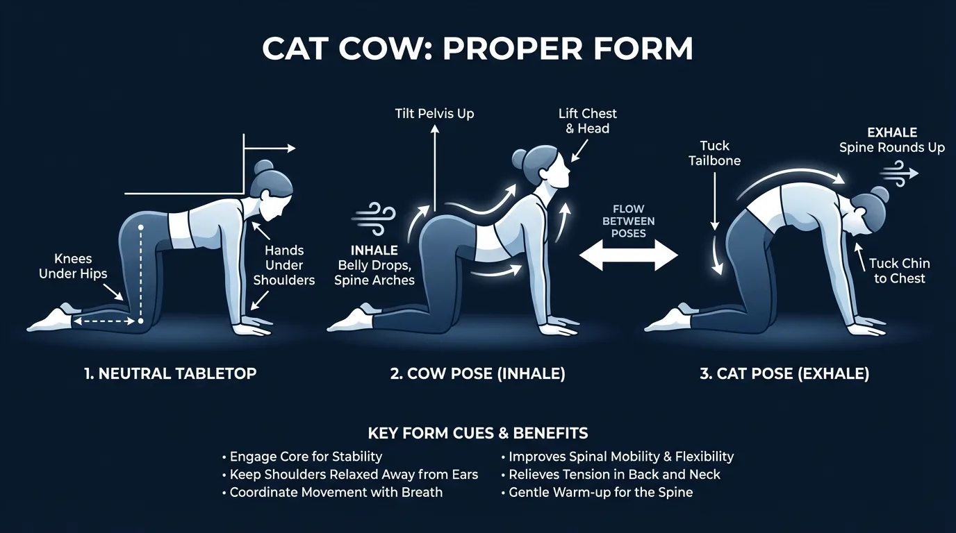 Cat cow proper form showing neutral tabletop with hands under shoulders, cow pose with belly dropping and spine extending, and cat pose with spine rounding toward ceiling and head dropping between arms