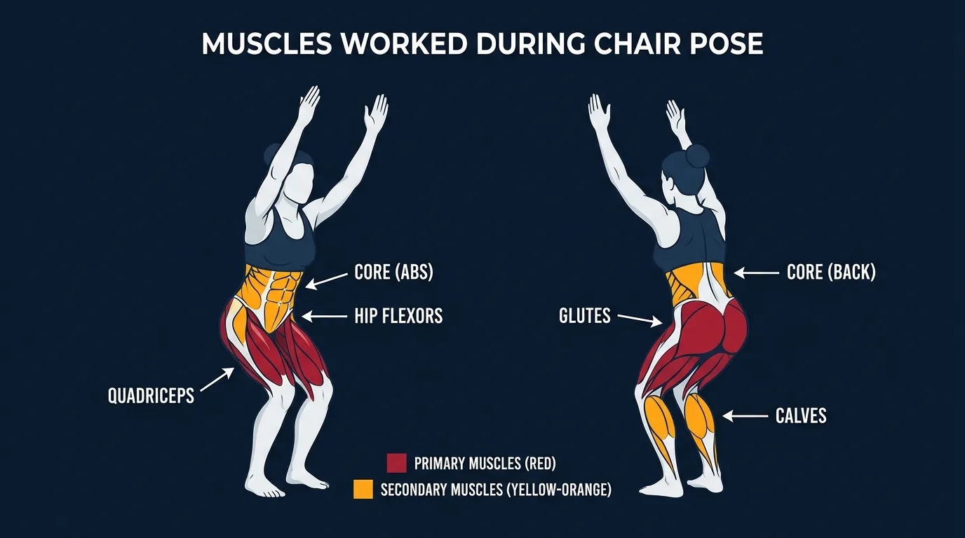 Chair pose muscles engaged: quadriceps and glutes as primary movers holding the seated squat position, with the core, calves, hip flexors, and deltoids supporting the trunk and overhead arm reach