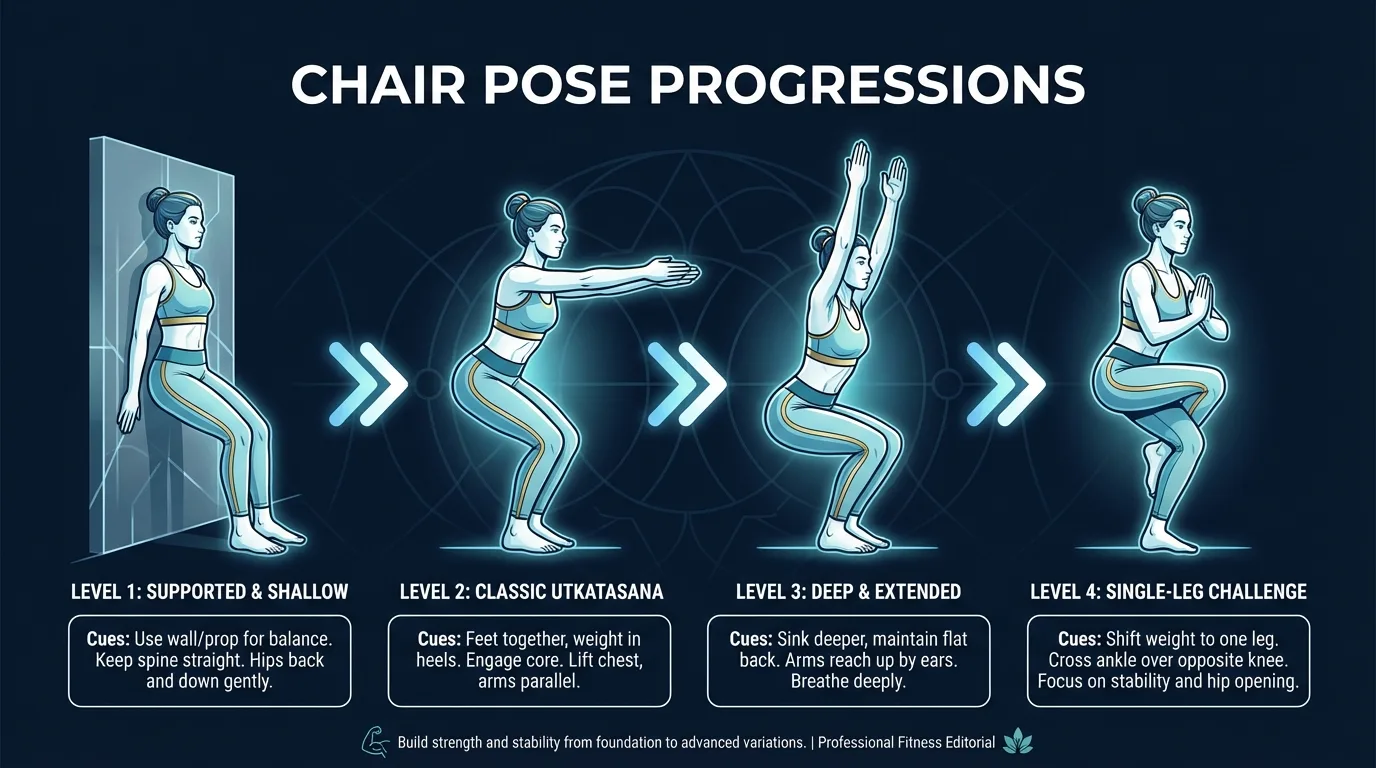 Chair pose progression: wall-supported regression for beginners, standard utkatasana, revolved chair with thoracic twist, and one-legged figure-four variation for advanced practitioners