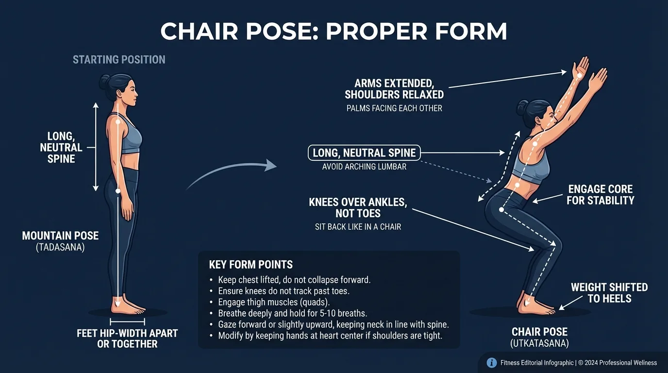 Chair pose proper form: hips sit back behind the heels, knees stay behind the toes, spine stays long, arms reach overhead without rib flare
