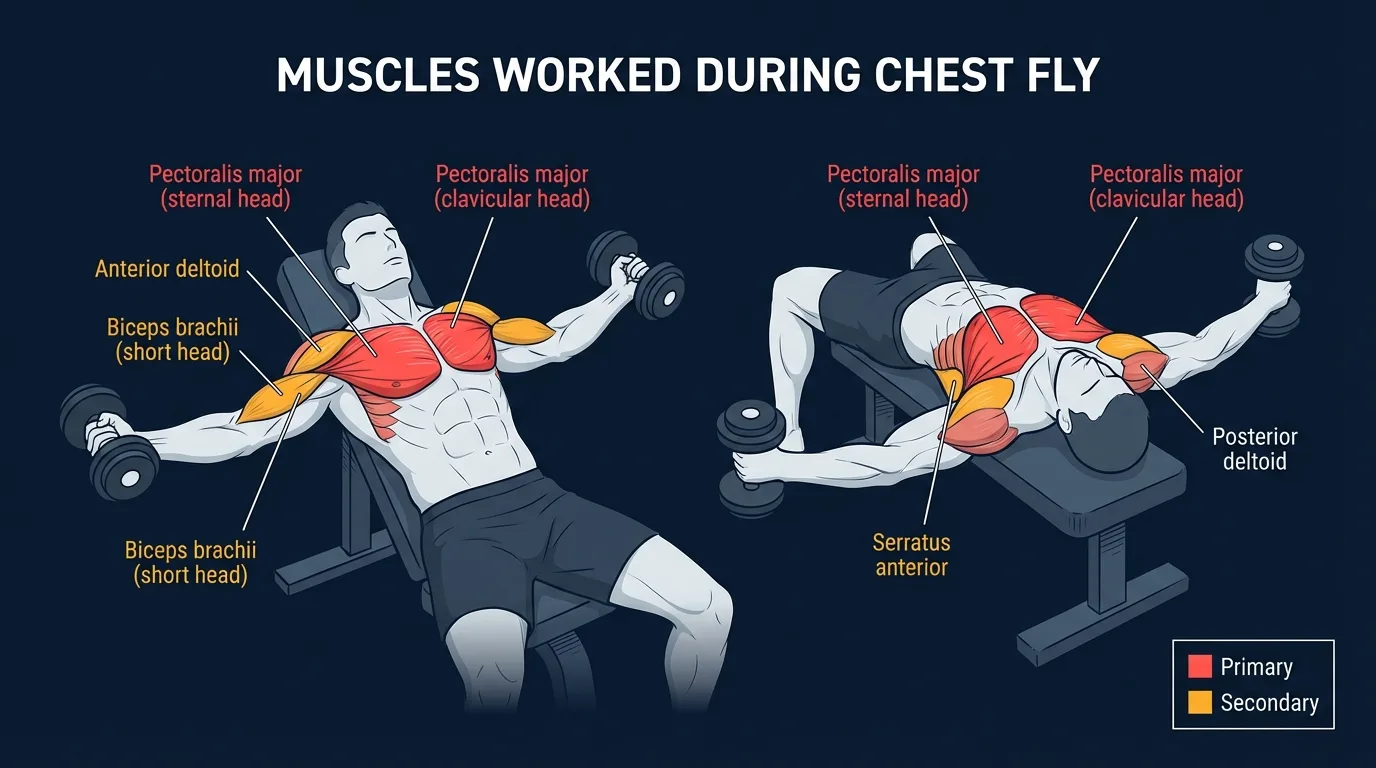Chest fly muscles activated: pectoralis major (sternal and clavicular heads) as primary movers, with anterior deltoid, biceps brachii short head, and serratus anterior assisting; rotator cuff and core stabilize the shoulder and trunk
