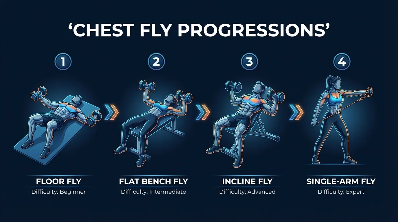 Chest fly progression from floor fly (beginner) to flat bench fly (beginner-intermediate) to incline fly (intermediate) to single-arm floor fly (advanced), showing increasing difficulty and core demand at each step