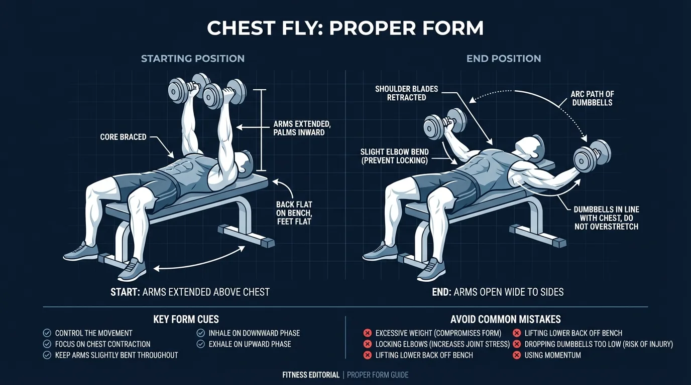 Dumbbell chest fly proper form: start position with arms extended above the chest, end position with arms opened in a wide arc to torso level, slight 15-20 degree elbow bend maintained throughout, shoulder blades retracted against the bench