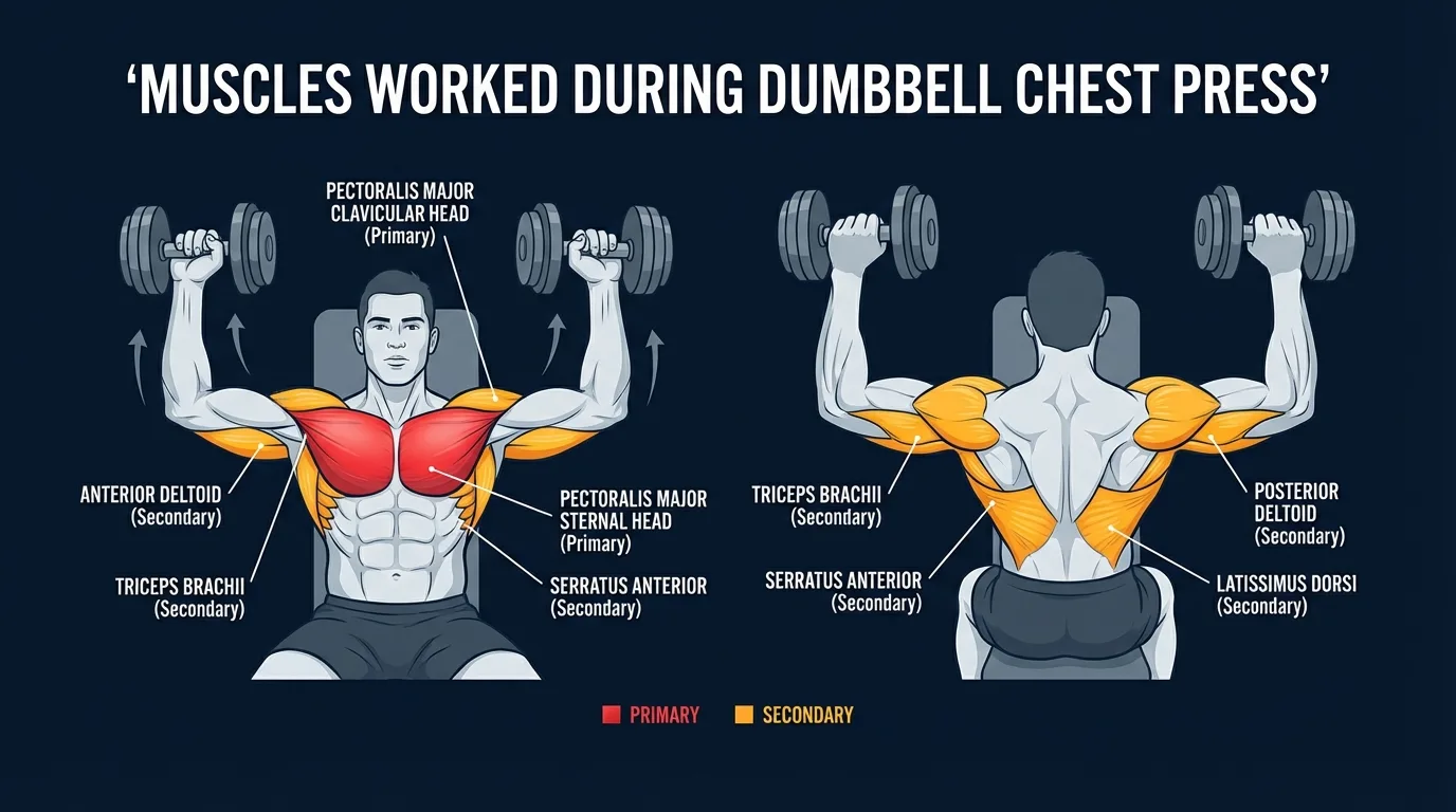 Dumbbell chest press muscles activated: pectoralis major sternal and clavicular heads, anterior deltoid, and triceps brachii as primary movers, with serratus anterior, rotator cuff, and anterior core stabilizing the press