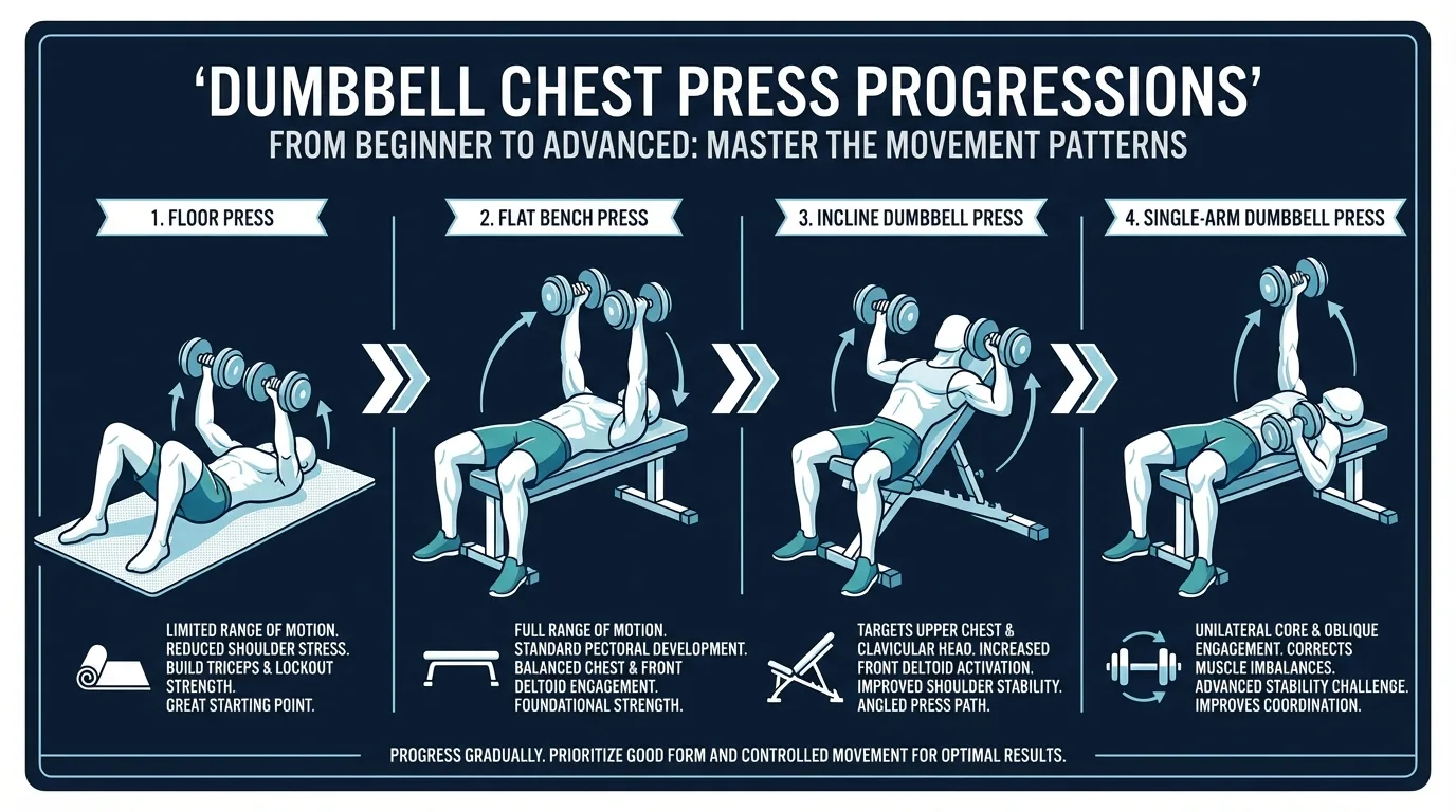 Dumbbell chest press progression from floor press (beginner) to flat bench press (intermediate) to incline press and single-arm press (advanced), each variation showing increasing difficulty and stabilizer demand