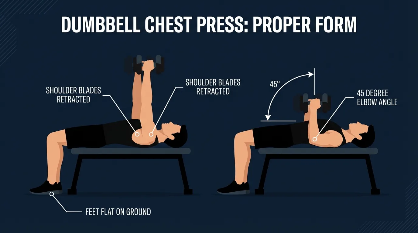 Dumbbell chest press proper form: start position with arms extended above the chest and bottom position with dumbbells at chest level, elbows at 45 degrees from the torso, shoulder blades retracted into the bench