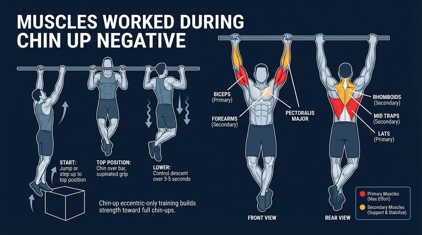 Chin up negative muscles activated: latissimus dorsi and biceps brachii as primary movers under eccentric load, with brachialis, brachioradialis, posterior deltoid, rhomboids, and lower trapezius as secondary muscles and the forearms and core as stabilizers