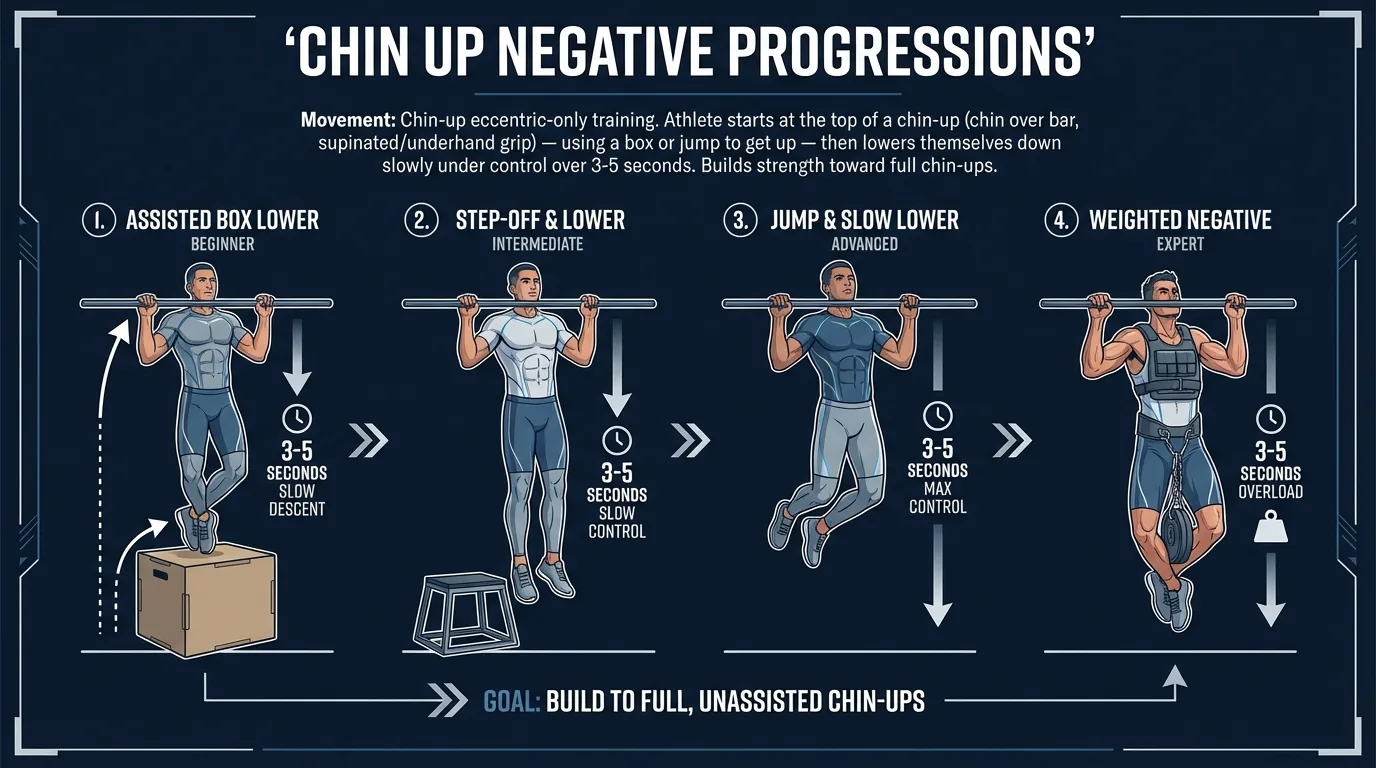 Chin up negative progression path from engaged hangs to top chin holds to 5-second negatives to 8-10 second slow negatives to a full chin up, with difficulty levels labeled
