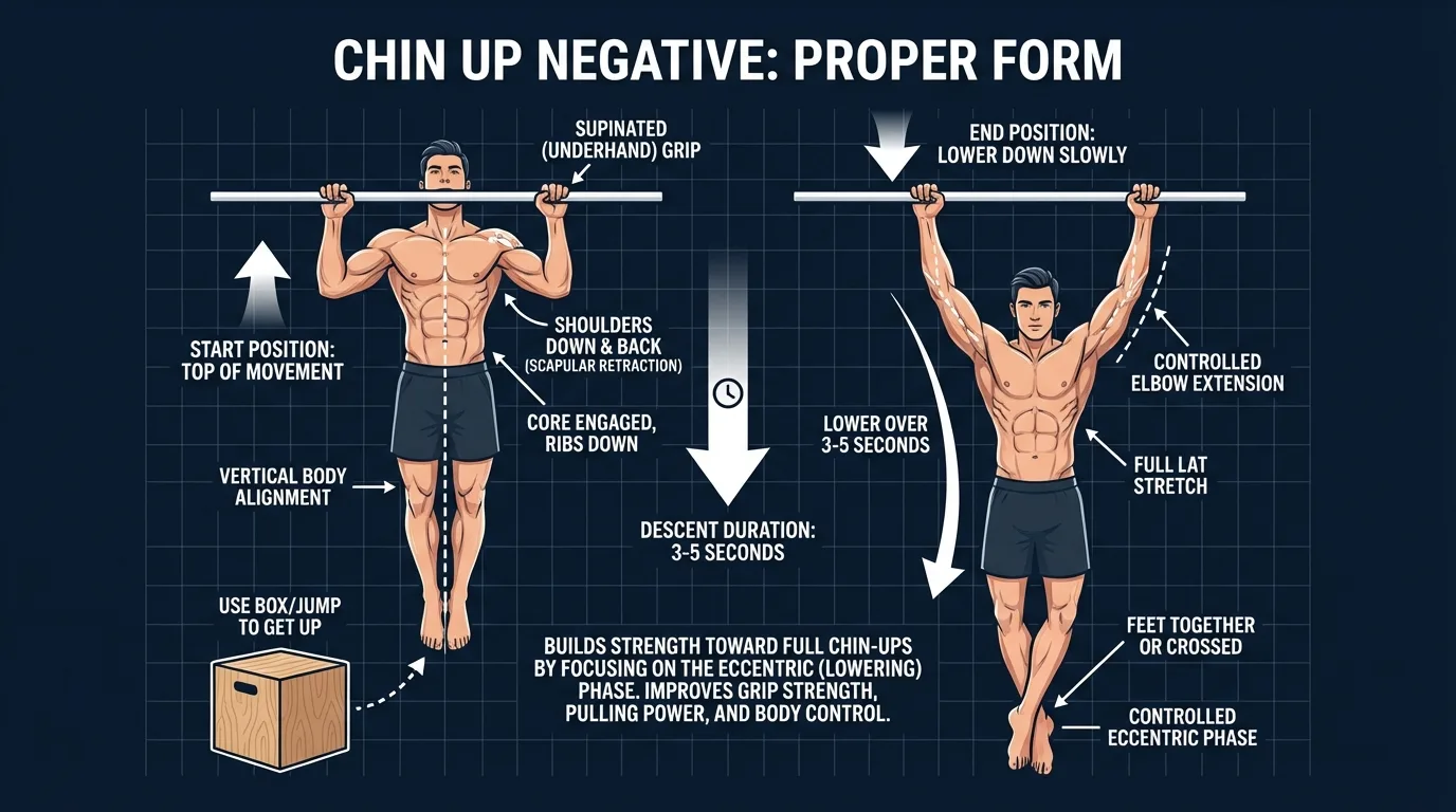 Chin up negative proper form: starting at chin above the bar with supinated underhand grip and shoulders packed, then descending through a controlled 5-second descent to full arm extension in a dead hang