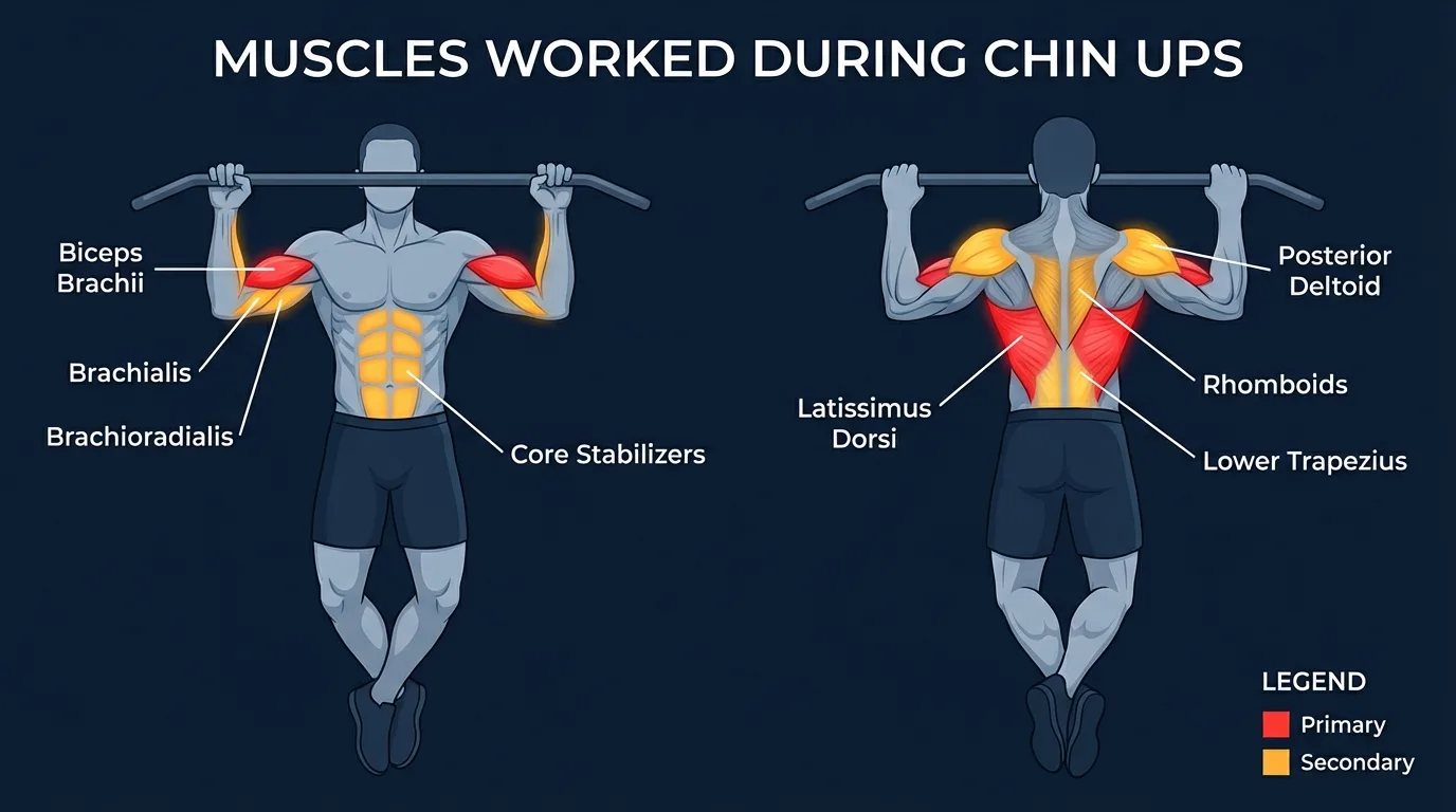 Chin-up muscles activated: biceps brachii and latissimus dorsi as primary movers, with brachialis, brachioradialis, posterior deltoid, rhomboids, lower trapezius, and core stabilizers assisting