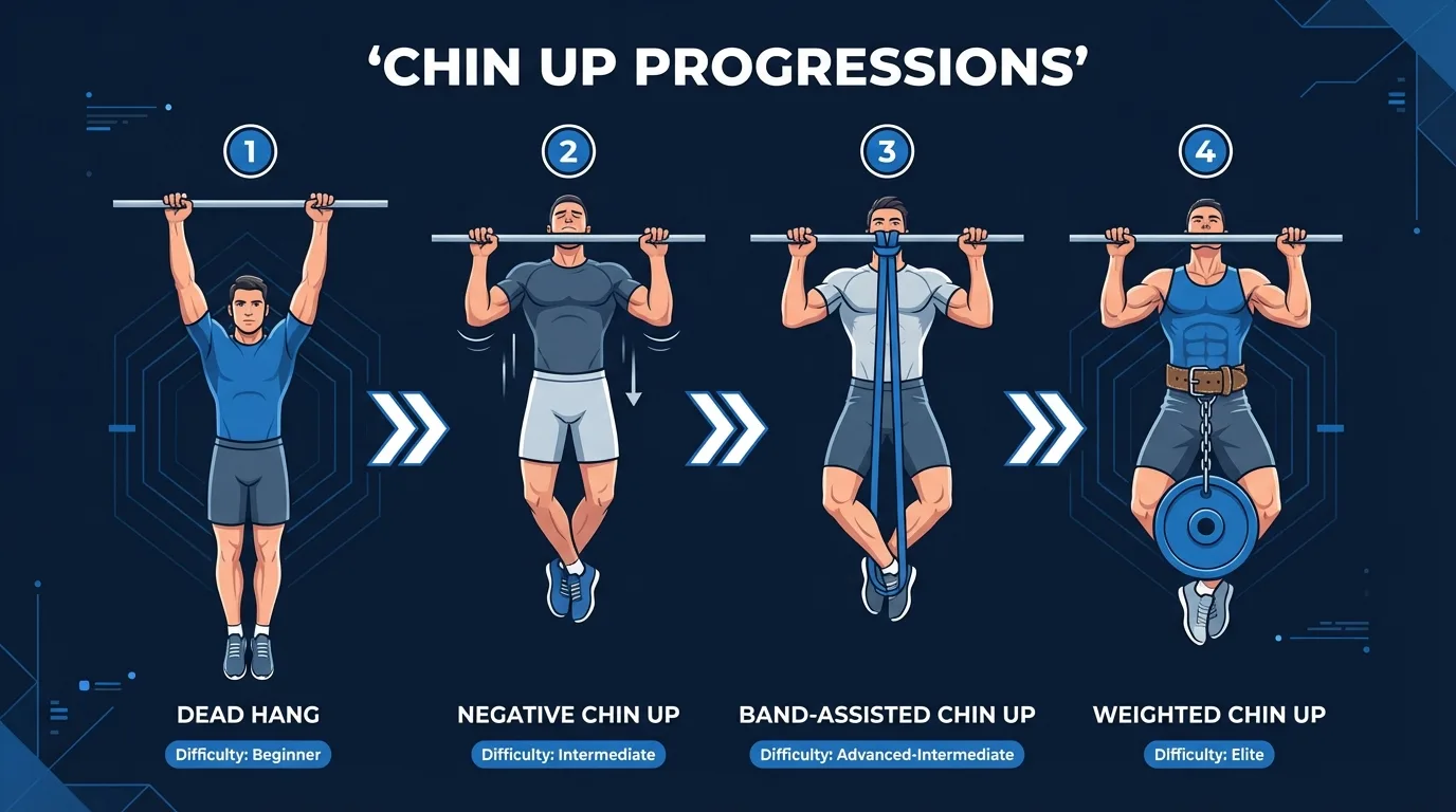 Chin-up progression path from dead hang to negative chin-ups to band-assisted chin-ups to bodyweight chin-ups to weighted chin-ups with relative difficulty levels