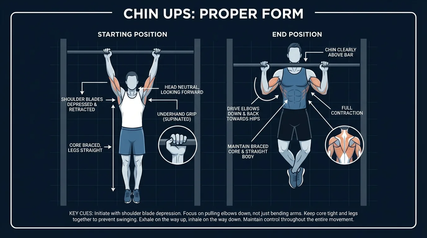 Chin-up proper form: starting dead hang position with packed shoulders and supinated underhand grip, finish position with chin clearly above the bar and chest close to it