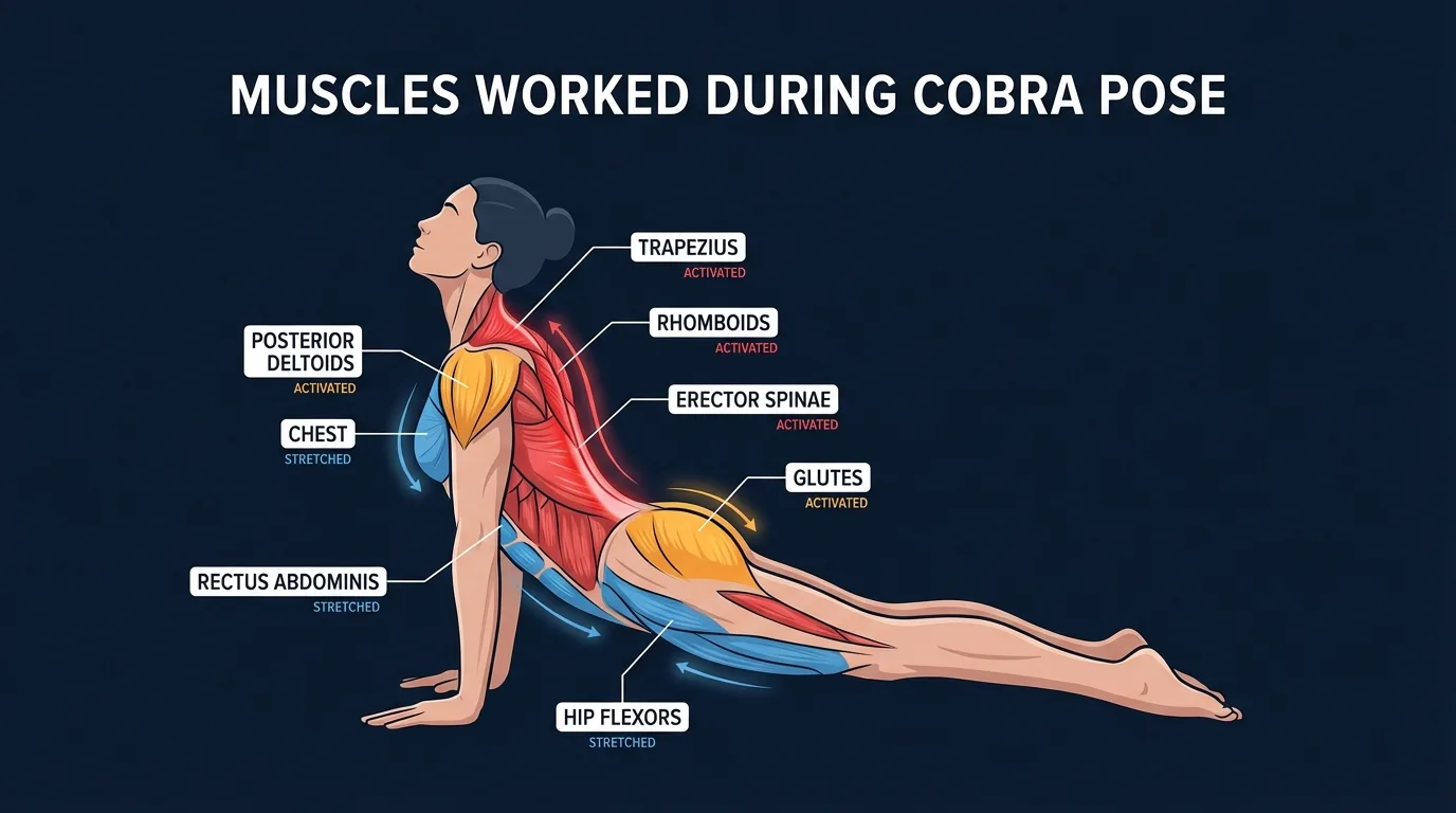 Cobra pose muscles engaged and stretched: erector spinae, rhomboids, and mid-and-lower trapezius working concentrically to lift the chest, while the rectus abdominis, hip flexors, and pectorals lengthen under stretch