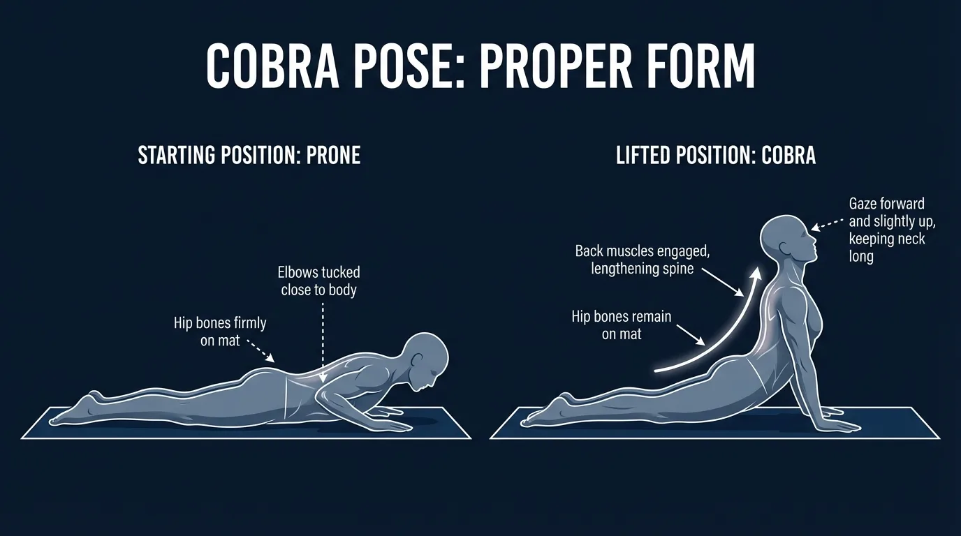 Cobra pose proper form: prone starting position transitioning to a lifted cobra with elbows tucked close to the ribs, hip bones pressed into the mat, and back muscles engaged to peel the chest off the floor