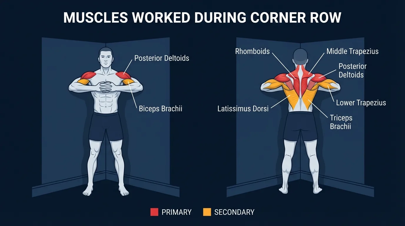 Corner row muscles activated: rhomboids, middle trapezius, and rear deltoids as primary movers, with the latissimus dorsi, biceps brachii, and core as secondary movers and stabilizers