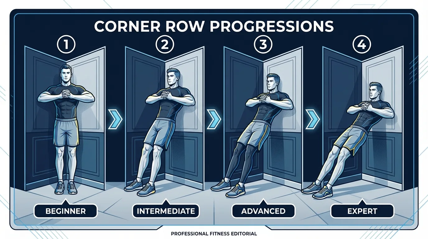 Corner row progression from upright standard angle (beginner) to deep horizontal angle (beginner-intermediate) to tempo variation with hold at peak contraction (intermediate), showing increasing difficulty